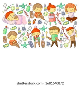 Patrón vectorial con niños pequeños. Ilustración de las enfermedades infantiles, la gripe y la enfermedad
