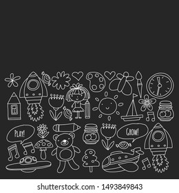 Vector pattern with little children. Kindergarten, play and grow together. Icons of toys and kids in doodle style