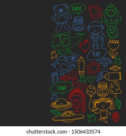 Vector pattern with little children. Kindergarten, play and grow together. Icons of toys and kids in doodle style