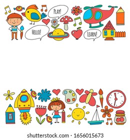 Vector pattern with little children. Kindergarten, play and grow together. Icons of toys and kids in doodle style