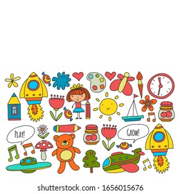 Vector pattern with little children. Kindergarten, play and grow together. Icons of toys and kids in doodle style
