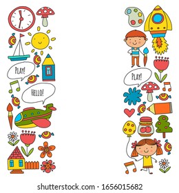Vektorillustration mit kleinen Kindern. Kindergarten, spielen und wachsen zusammen. Symbole von Spielzeug und Kindern im Doodle-Stil