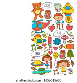Vector pattern with little children. Kindergarten, play and grow together. Icons of toys and kids in doodle style