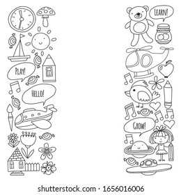 Vector pattern with little children. Kindergarten, play and grow together. Icons of toys and kids in doodle style