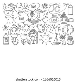 Vector pattern with little children. Kindergarten, play and grow together. Icons of toys and kids in doodle style