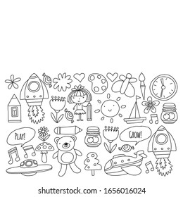 Vector pattern with little children. Kindergarten, play and grow together. Icons of toys and kids in doodle style