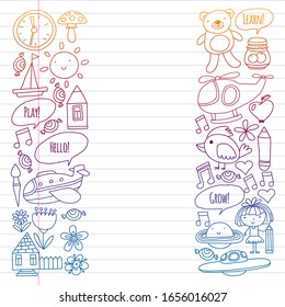 Vector pattern with little children. Kindergarten, play and grow together. Icons of toys and kids in doodle style