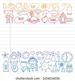 Vector pattern with little children. Kindergarten, play and grow together. Icons of toys and kids in doodle style