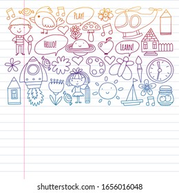 Vector pattern with little children. Kindergarten, play and grow together. Icons of toys and kids in doodle style