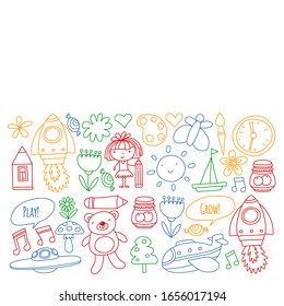 Vector pattern with little children. Kindergarten, play and grow together. Icons of toys and kids in doodle style