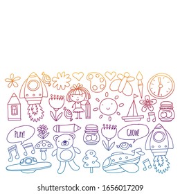 Vector pattern with little children. Kindergarten, play and grow together. Icons of toys and kids in doodle style