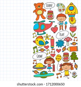 Vector pattern with little children. Kindergarten, play and grow together. Icons of toys and kids in doodle style