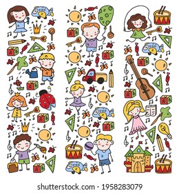 Vector pattern with little children. Kindergarten. Imagination. Creativity. Play.