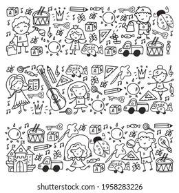 Vector pattern with little children. Kindergarten. Imagination. Creativity. Play.