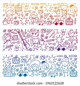 Vector pattern with little children. Kindergarten. Imagination. Creativity. Play.