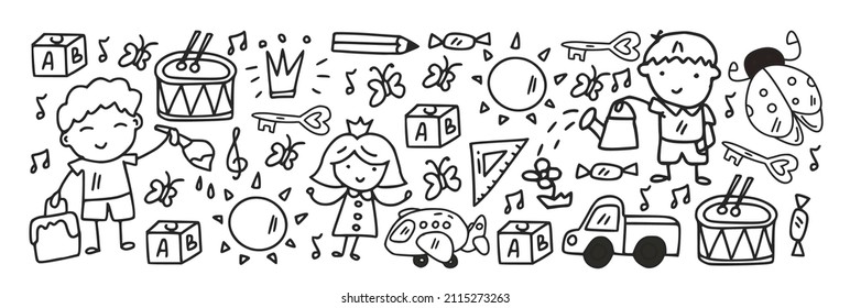 Vector pattern with little children. Kindergarten. Imagination. Creativity. Play.