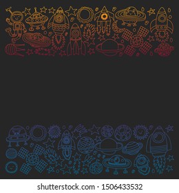 Vector pattern with little children in space. Earth, moon, spaceships, stars, comets, rockets, space shuttle, aliens, ufo.