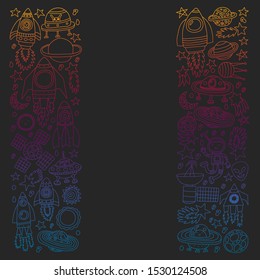 Vector pattern with little children in space. Earth, moon, spaceships, stars, comets, rockets, space shuttle, aliens, ufo.