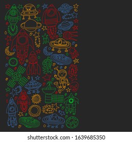 Vector pattern with little children in space. Earth, moon, spaceships, stars, comets, rockets, space shuttle, aliens, ufo.