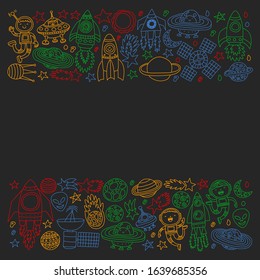 Vector pattern with little children in space. Earth, moon, spaceships, stars, comets, rockets, space shuttle, aliens, ufo.