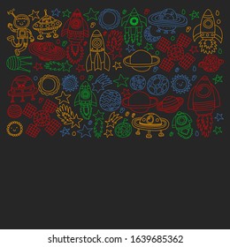 Vector pattern with little children in space. Earth, moon, spaceships, stars, comets, rockets, space shuttle, aliens, ufo.
