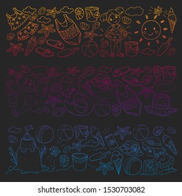 Vector pattern with little chilren. Family summer vacations. Beach, ocean, island, sun. Kids play. Swimming and relaxation.