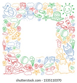 Vector pattern with little chilren. Family summer vacations. Beach, ocean, island, sun. Kids play. Swimming and relaxation.