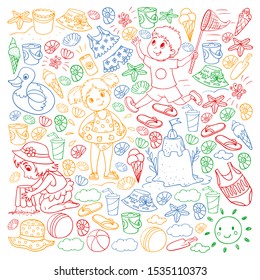 Vector pattern with little chilren. Family summer vacations. Beach, ocean, island, sun. Kids play. Swimming and relaxation.