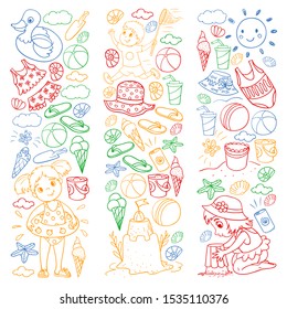 Vector pattern with little chilren. Family summer vacations. Beach, ocean, island, sun. Kids play. Swimming and relaxation.