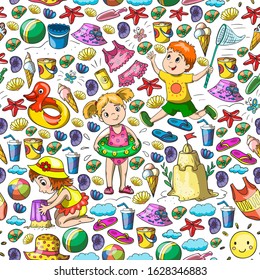 Vector pattern with little chilren. Family summer vacations. Beach, ocean, island, sun. Kids play. Swimming and relaxation.