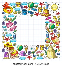 Vector pattern with little chilren. Family summer vacations. Beach, ocean, island, sun. Kids play. Swimming and relaxation.