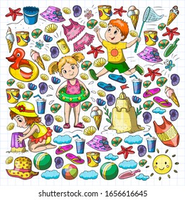 Vector pattern with little chilren. Family summer vacations. Beach, ocean, island, sun. Kids play. Swimming and relaxation.