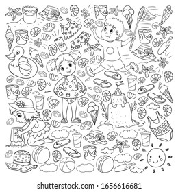 Vector pattern with little chilren. Family summer vacations. Beach, ocean, island, sun. Kids play. Swimming and relaxation.
