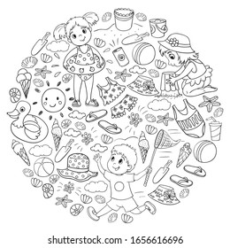 Vector pattern with little chilren. Family summer vacations. Beach, ocean, island, sun. Kids play. Swimming and relaxation.