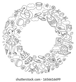 Vector pattern with little chilren. Family summer vacations. Beach, ocean, island, sun. Kids play. Swimming and relaxation.