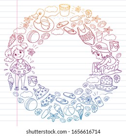 Vector pattern with little chilren. Family summer vacations. Beach, ocean, island, sun. Kids play. Swimming and relaxation.