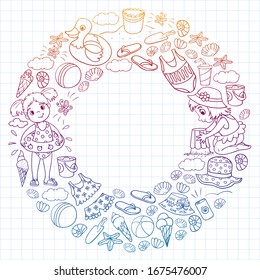 Vector pattern with little chilren. Family summer vacations. Beach, ocean, island, sun. Kids play. Swimming and relaxation.