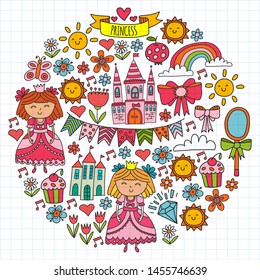Vector pattern for little girls. Princess illustration for happy birthday party.