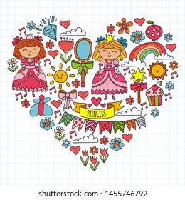 Vector pattern for little girls. Princess illustration for happy birthday party.