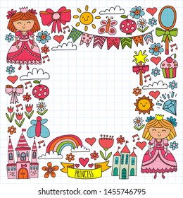Vector pattern for little girls. Princess illustration for happy birthday party.