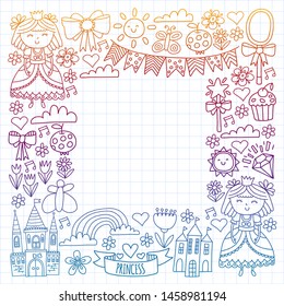 Vector pattern for little girls. Princess illustration for happy birthday party.