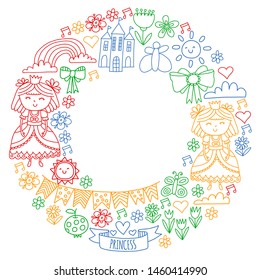 Vector pattern for little girls. Princess illustration for happy birthday party.