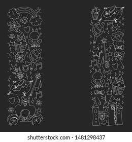 Vector pattern for little girls. Princess illustration for happy birthday party. Blackboard chalk illustration