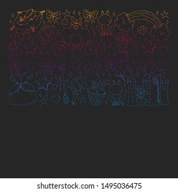 Vector pattern for little girls. Princess illustration for happy birthday party. Blackboard chalk illustration