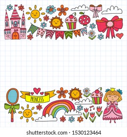 Vector pattern for little girls. Princess illustration for happy birthday party. Blackboard chalk illustration