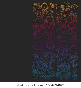 Vector pattern for little girls. Princess illustration for happy birthday party. Blackboard chalk illustration