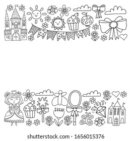 Vector pattern for little girls. Princess illustration for happy birthday party. Blackboard chalk illustration