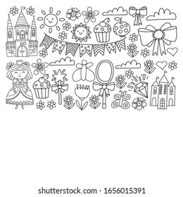 Vector pattern for little girls. Princess illustration for happy birthday party. Blackboard chalk illustration