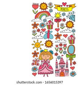 Vector pattern for little girls. Princess illustration for happy birthday party.