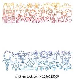 Vector pattern for little girls. Princess illustration for happy birthday party. Blackboard chalk illustration